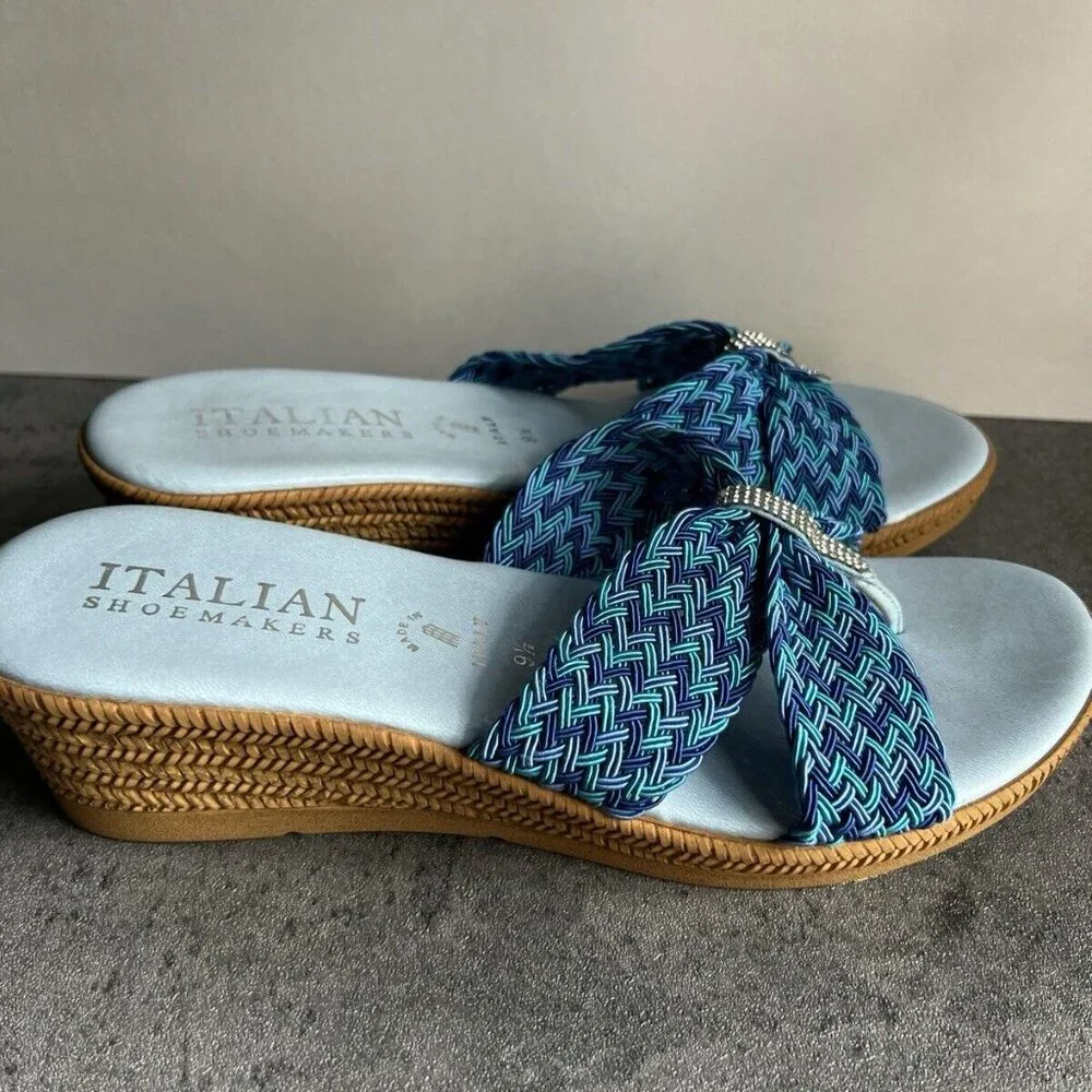 Italian Shoemakers Mixed Blue Rhinestone Sparkle Thong Wedge Sandals Size 9.5 M - Picture 8 of 16